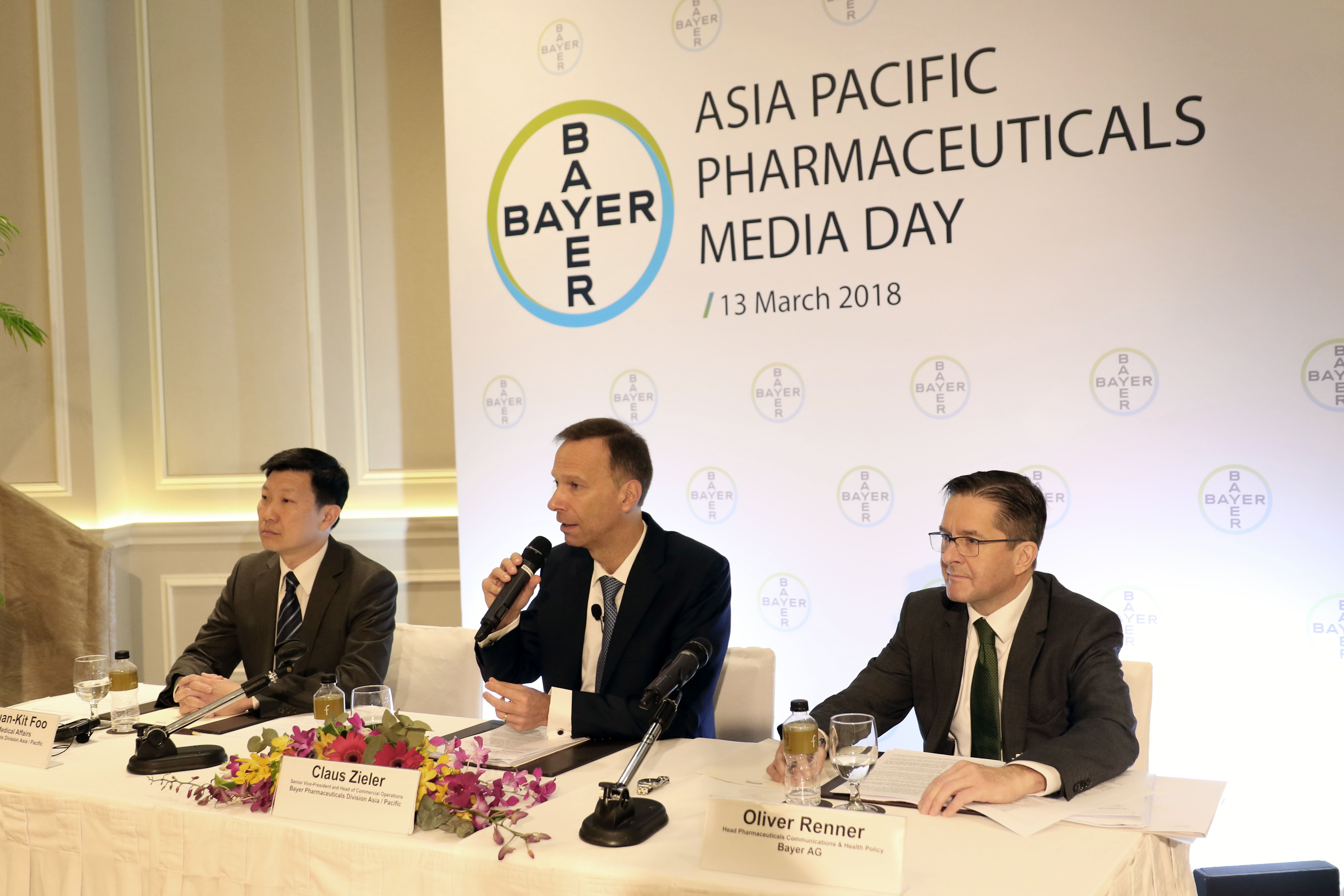 From left to right, Dr. Chuan-Kit Foo, Head of Medical Affairs, Bayer Pharmaceuticals Division Asia / Pacific, Claus Zieler, Senior Vice-President and Head of Commercial Operations, Bayer Pharmaceuticals Division Asia / Pacific, and Oliver Renner, Head Pharmaceuticals Communications & Health Policy, Bayer AG.