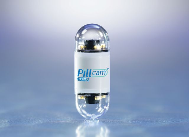 PillCam Colon is used for diagnosis of colonic disease when colonoscopy is required but difficult to conduct. Image source: Given Imaging
